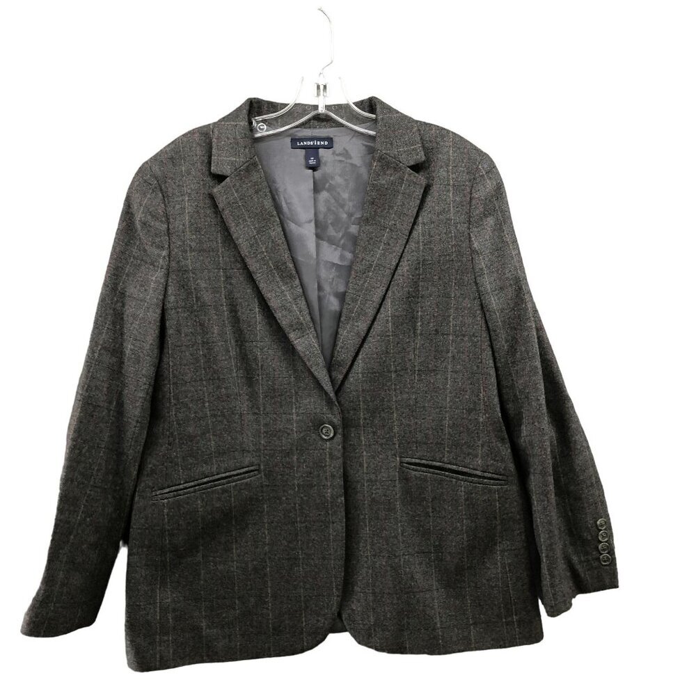 Lands' End Blazer‎ Womens 12P Wool Cashmere Blend Gray Grid Plaid Academia